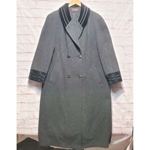 VTG Alorna Gray Wool Coat Trench Long Swing Velvet Trim Thick‎ Warm USA Sz 16W